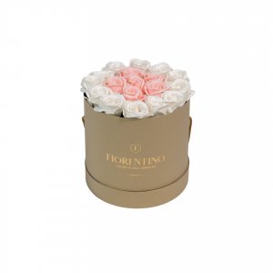 στρογγυλό κουτί με τριαντάφυλλα ροζ και λευκά από σαπούνι
