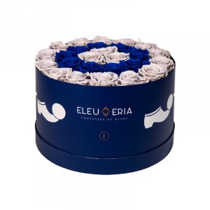 dark blue box with off white and blue forever roses