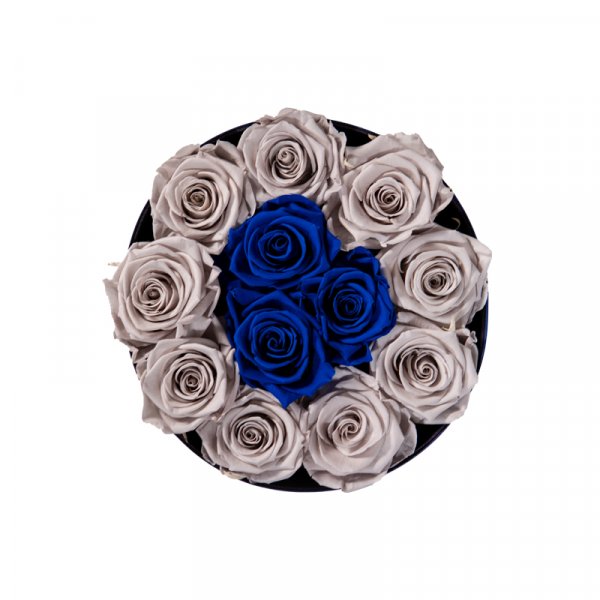 μπλε κουτί με τριαντάφυλλα forever μπλε και λευκά για την 25 Μαρτίου
